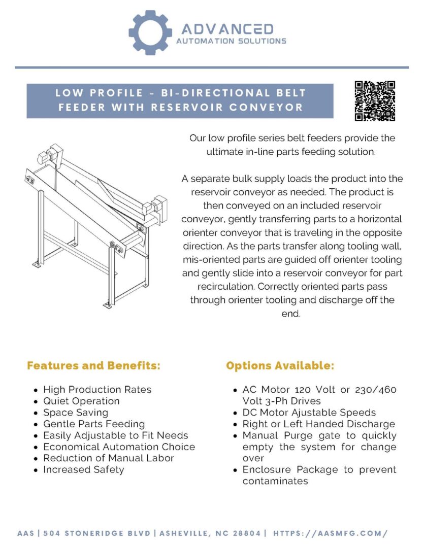 Flyer for Advanced Solutions' Low Profile Bi-Directional Belt Feeder with Reservoir Conveyor, featuring product image, description, features, benefits, and contact details.