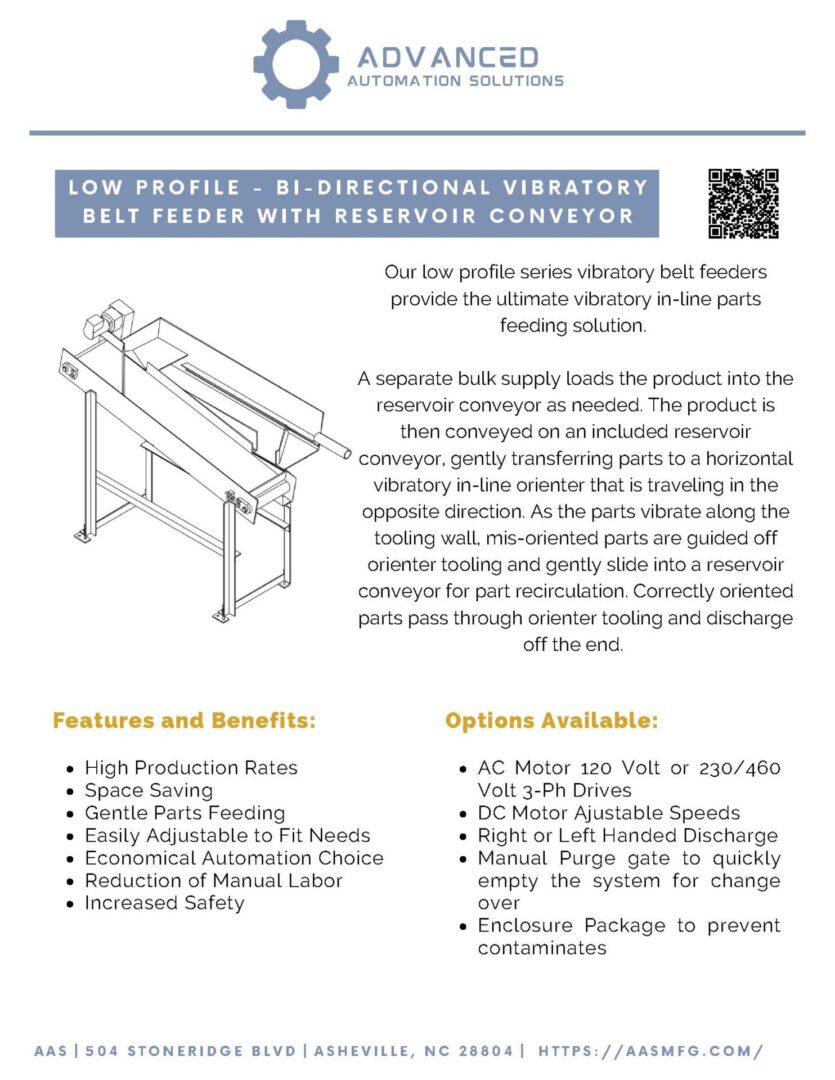 Informational flyer for a vibratory belt feeder with reservoir conveyor, detailing features such as high production rates and AC motor options. Includes a diagram and contact information.