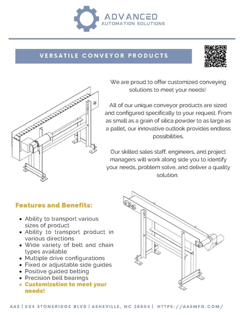 Illustration of a conveyor belt system with text describing features and benefits. Includes the company logo, contact information, and QR code.