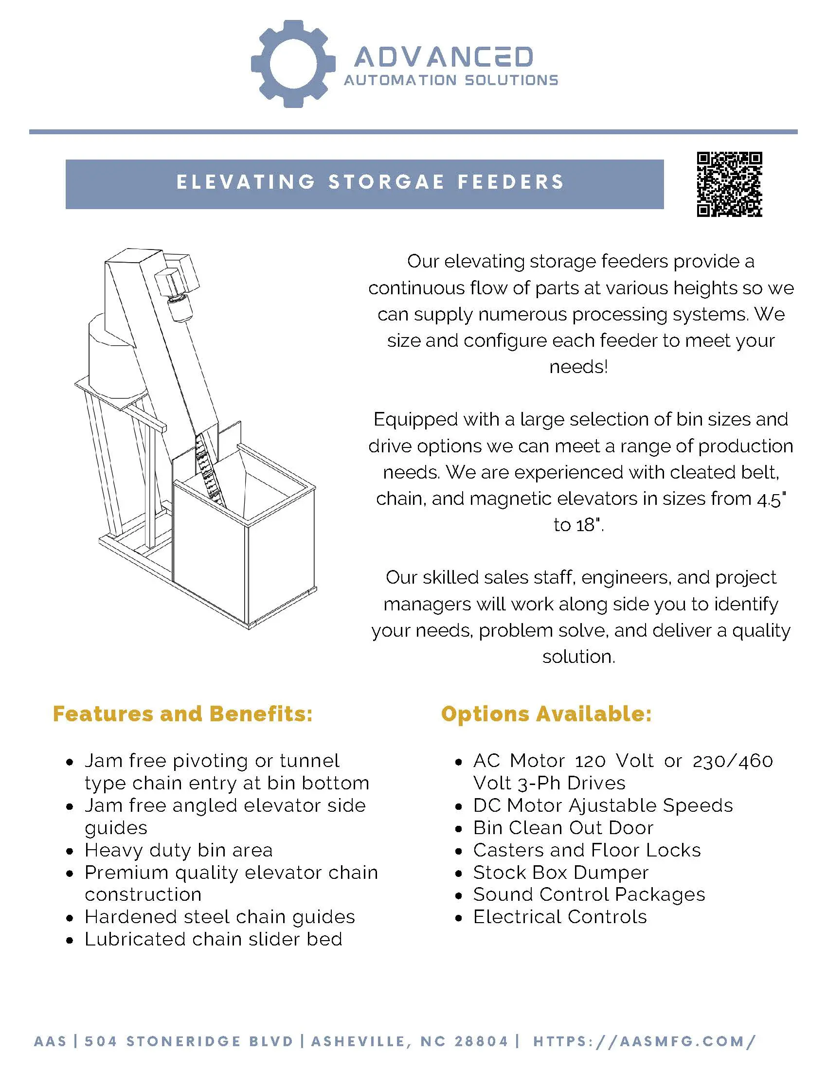 Brochure for Advanced Automation Solutions showcasing an elevating storage feeder with features like variable speed drives, custom control packages, and elevations from 45” to 18'. Includes contact info.