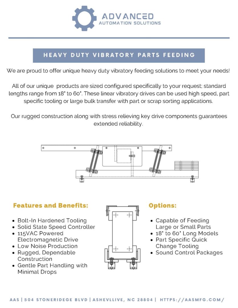 Flyer for Advanced Automation Solutions detailing heavy-duty vibratory parts feeding products. Includes features, options, and contact information for Asheville, NC location.