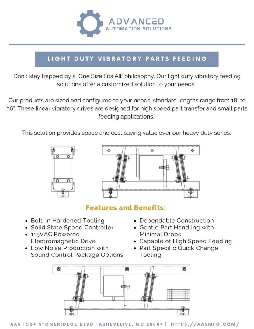 Promotional flyer for advanced automation solutions' light duty vibratory parts feeding. Features include bolt-in tooling, compact design, and quick change tooling. Includes contact information.