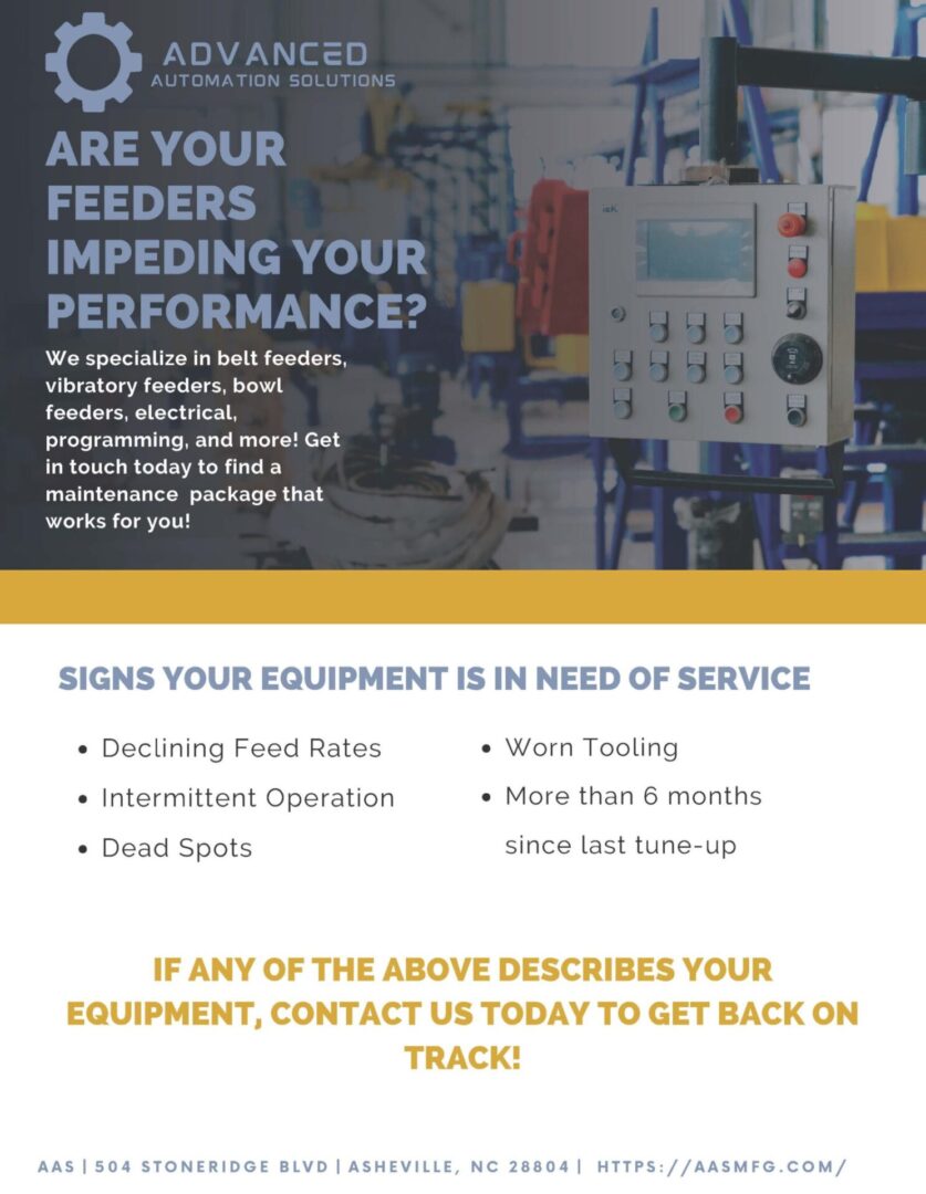 Promotional flyer for Advanced Automation Solutions detailing services for equipment maintenance, with contact information and signs indicating equipment is in need of service.